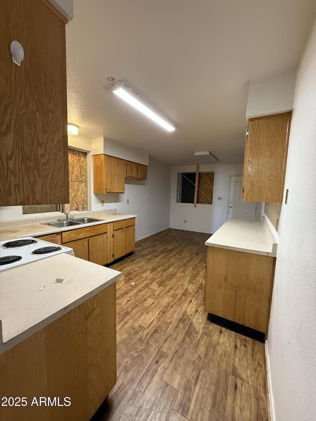 kitchen with brown cabinets, light countertops, a sink, and light wood-type flooring