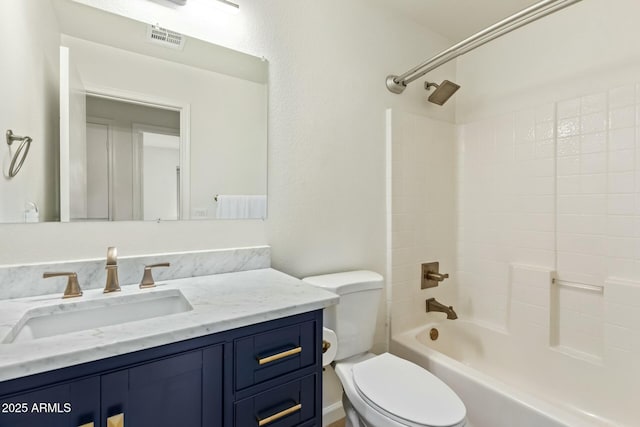 full bathroom featuring toilet, shower / bathing tub combination, vanity, and visible vents