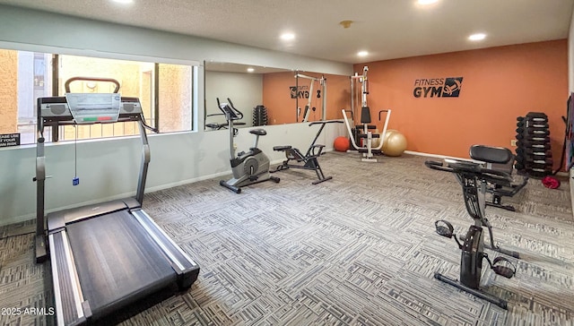 workout room featuring a wealth of natural light and carpet