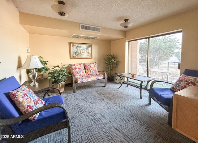 sitting room featuring a textured ceiling and carpet flooring