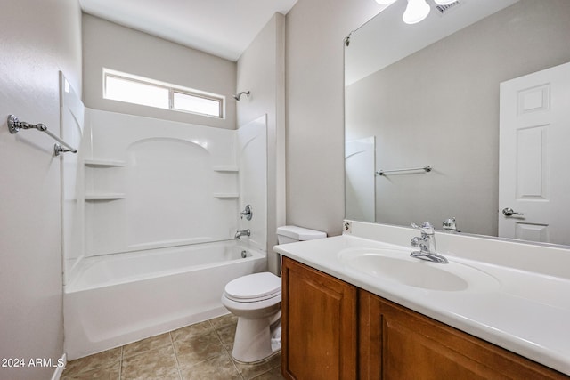 full bathroom with vanity, toilet, washtub / shower combination, and tile patterned flooring