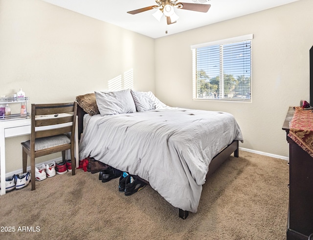 bedroom with light carpet and ceiling fan