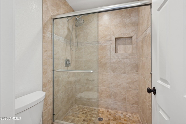 bathroom featuring toilet and a shower with door