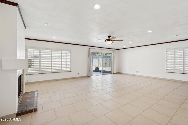 unfurnished living room featuring ornamental molding, ceiling fan, a brick fireplace, and light tile patterned flooring