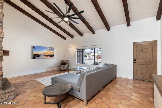 living room featuring high vaulted ceiling, beamed ceiling, and ceiling fan