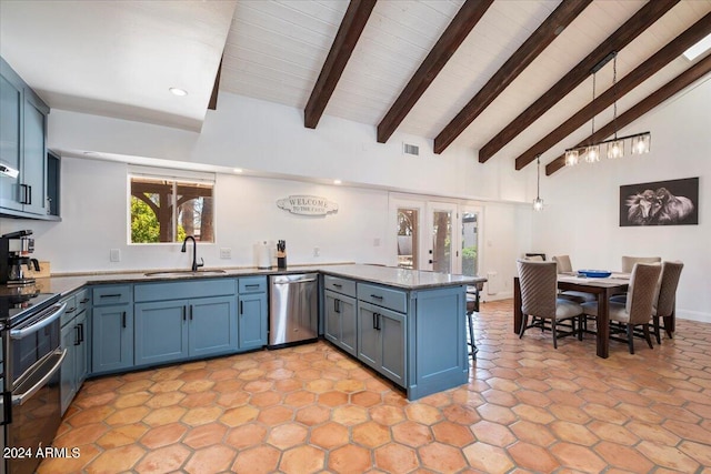 kitchen with sink, kitchen peninsula, light tile patterned floors, and stainless steel appliances