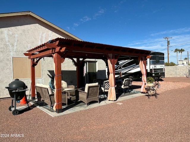 view of patio / terrace featuring outdoor lounge area, a pergola, and a grill