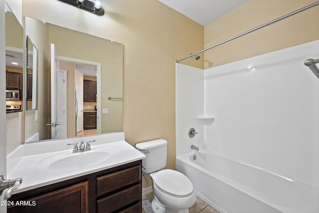 full bathroom with shower / bathtub combination, vanity, toilet, and tile patterned floors