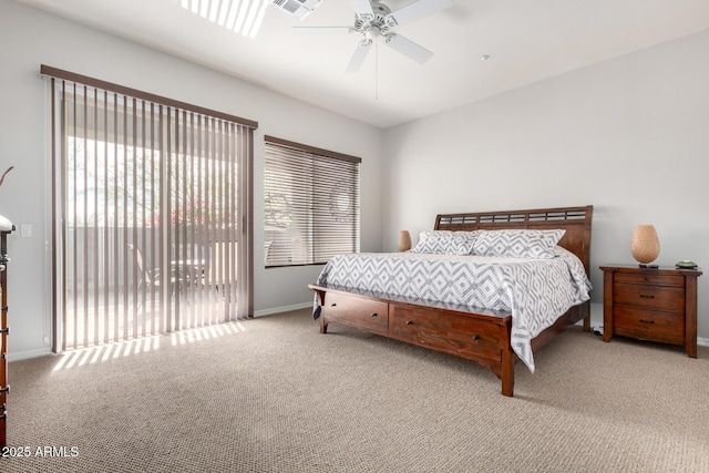 carpeted bedroom featuring ceiling fan and access to exterior