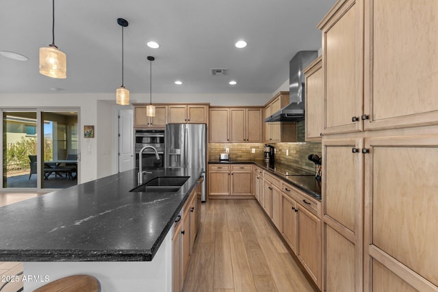 kitchen with light wood finished floors, backsplash, appliances with stainless steel finishes, a sink, and wall chimney exhaust hood