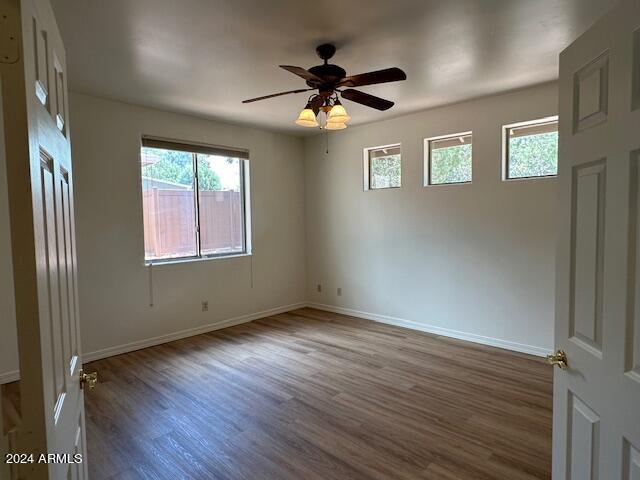 spare room featuring ceiling fan, wood-type flooring, and plenty of natural light