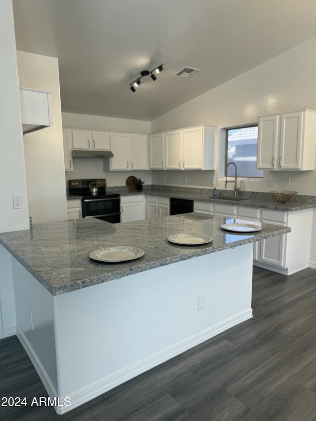 kitchen with kitchen peninsula, sink, white cabinets, and black appliances