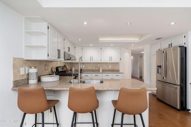 kitchen featuring under cabinet range hood, a peninsula, a sink, appliances with stainless steel finishes, and a tray ceiling