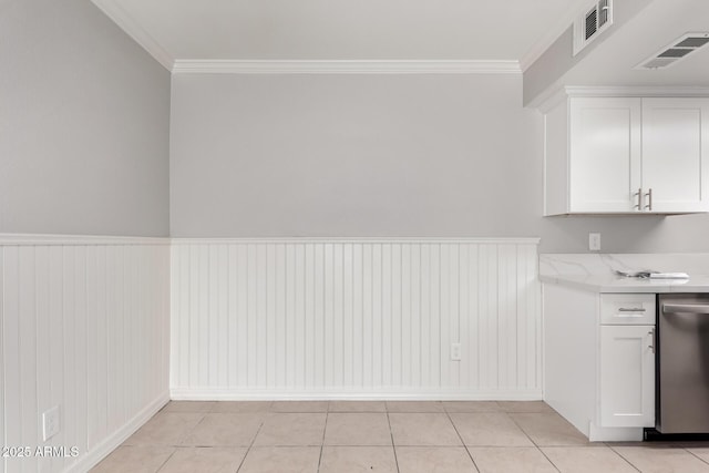 kitchen featuring white cabinets, crown molding, dishwasher, and visible vents