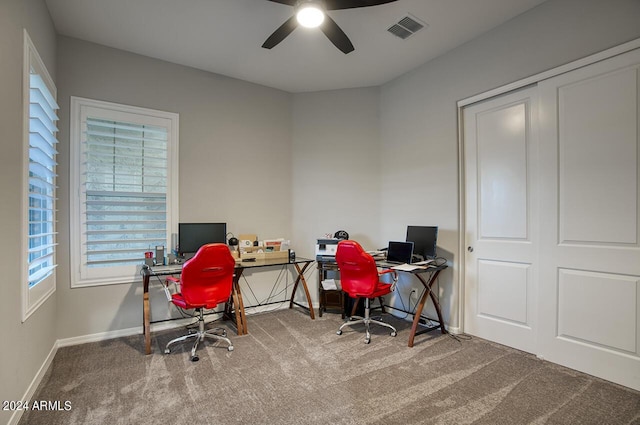 office area featuring carpet floors and ceiling fan