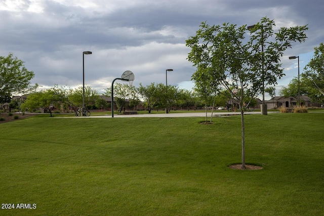 view of property's community featuring a lawn and basketball hoop