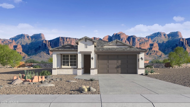 24263 W Southgate Ave, Buckeye, AZ 85326 - view of front of property with a garage, driveway, stucco siding, and a mountain view