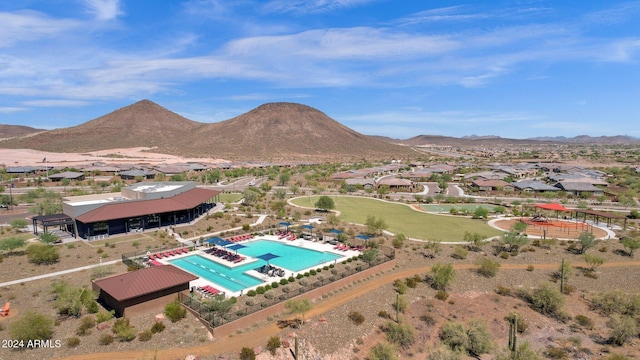 birds eye view of property featuring a residential view and a mountain view