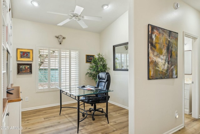 office with baseboards, light wood-type flooring, ceiling fan, and recessed lighting