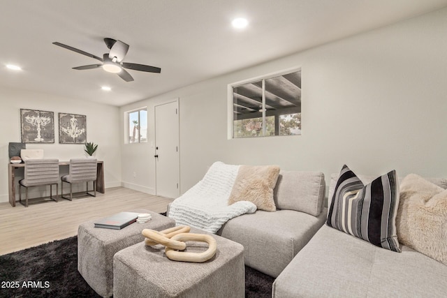 living room with ceiling fan and light hardwood / wood-style flooring