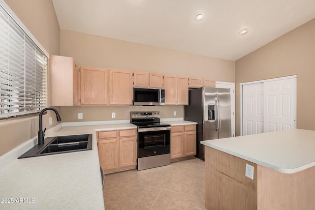 3343 W Lone Cacuts Dr, Phoenix, AZ 85027 - kitchen with stainless steel appliances, light brown cabinets, light countertops, light tile patterned flooring, and recessed lighting