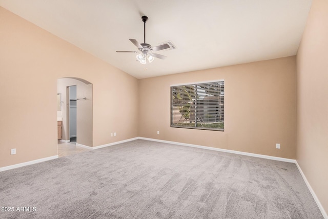 3343 W Lone Cacuts Dr, Phoenix, AZ 85027 - empty room with ceiling fan, carpet, arched walkways, and vaulted ceiling