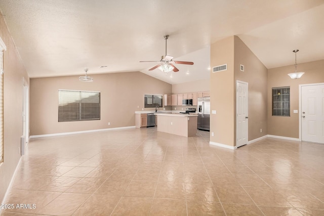 3343 W Lone Cacuts Dr, Phoenix, AZ 85027 - unfurnished living room featuring vaulted ceiling, a ceiling fan, and light tile patterned floors