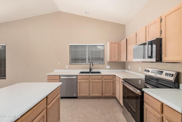 3343 W Lone Cacuts Dr, Phoenix, AZ 85027 - kitchen featuring stainless steel appliances, light brown cabinetry, light tile patterned floors, light countertops, and high vaulted ceiling
