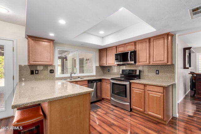 kitchen featuring visible vents, a tray ceiling, dark wood-style floors, stainless steel appliances, and a sink