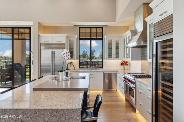 kitchen with premium appliances, a sink, wall chimney range hood, and tasteful backsplash
