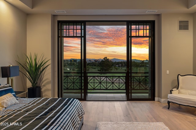 bedroom featuring access to outside, wood finished floors, and baseboards