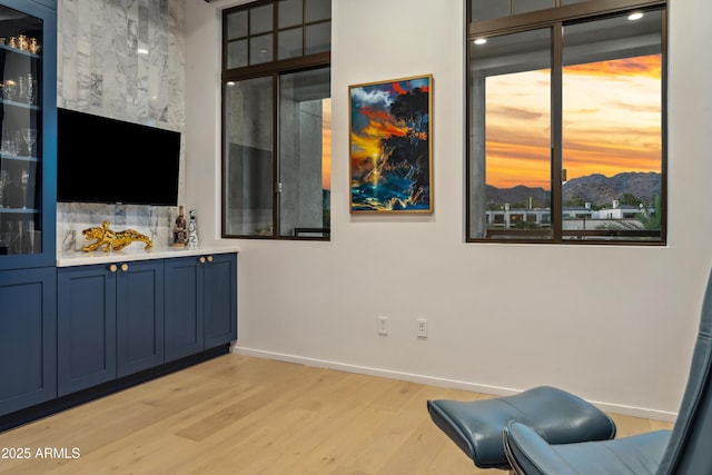 bar area with a mountain view, light wood-style floors, baseboards, and backsplash