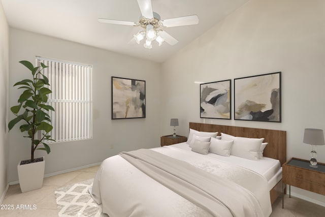 tiled bedroom with lofted ceiling, a ceiling fan, and baseboards