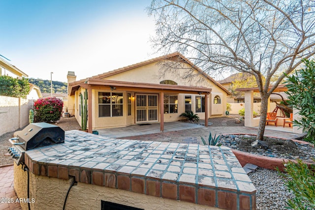 back of house with an outdoor kitchen, a patio, a fenced backyard, a tile roof, and stucco siding