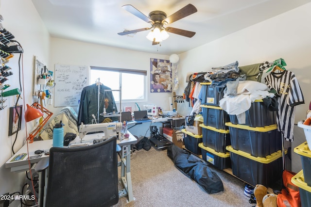 office space featuring ceiling fan and carpet floors