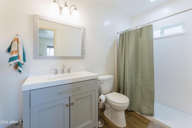 bathroom with hardwood / wood-style floors, vanity, toilet, and curtained shower