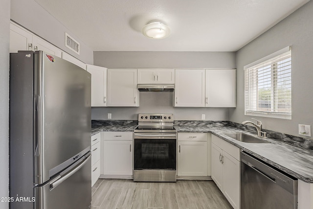 kitchen featuring appliances with stainless steel finishes, a sink, white cabinetry, and light wood-type flooring