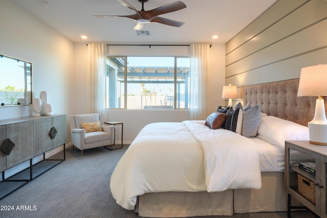 bedroom featuring carpet flooring and ceiling fan