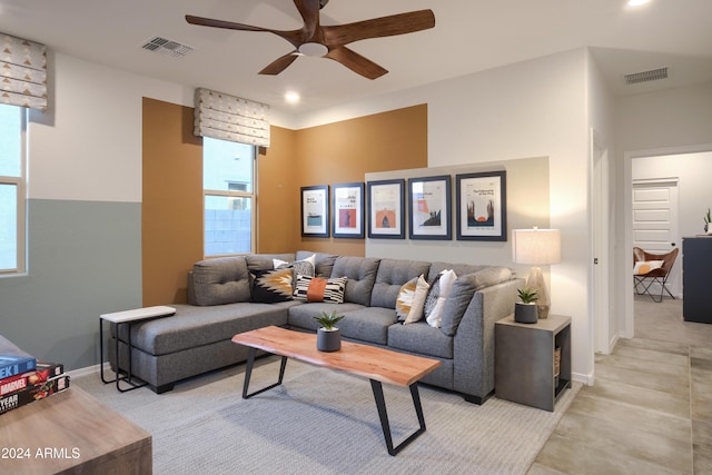 living room with ceiling fan