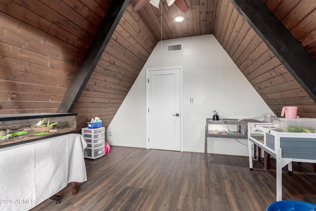 unfurnished bedroom with wooden ceiling, visible vents, vaulted ceiling with beams, and wood finished floors