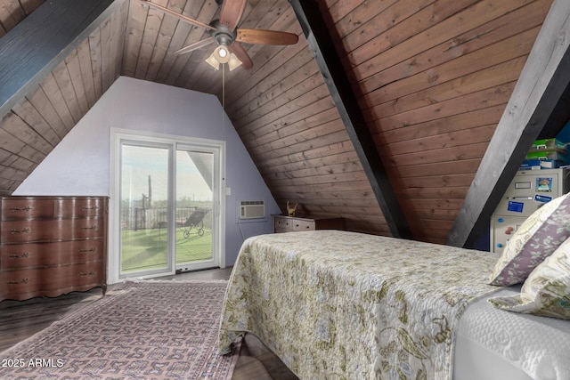 bedroom featuring access to outside, wooden ceiling, wood finished floors, and vaulted ceiling with beams