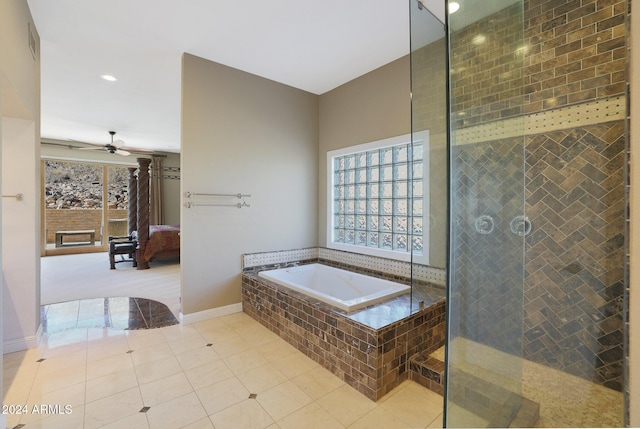 bathroom with separate shower and tub, ceiling fan, and tile patterned flooring