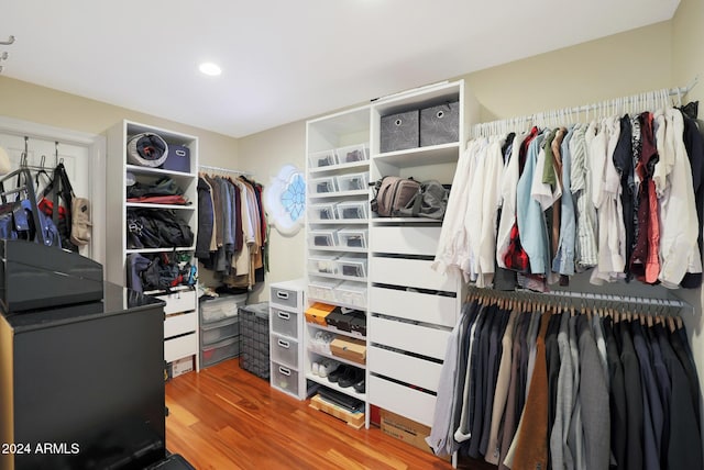 walk in closet with hardwood / wood-style floors