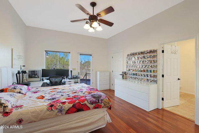 bedroom featuring access to outside, ceiling fan, and hardwood / wood-style floors