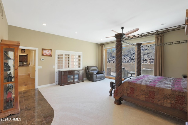 bedroom featuring access to exterior, carpet floors, and ceiling fan