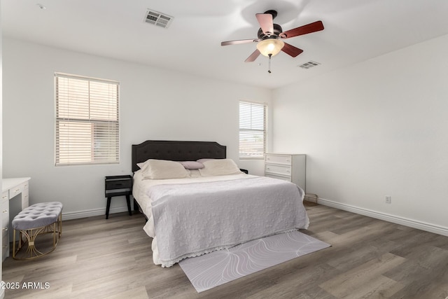 bedroom with visible vents, baseboards, and light wood-style flooring