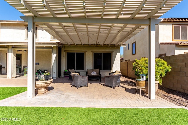 view of patio with an outdoor living space, a pergola, and fence