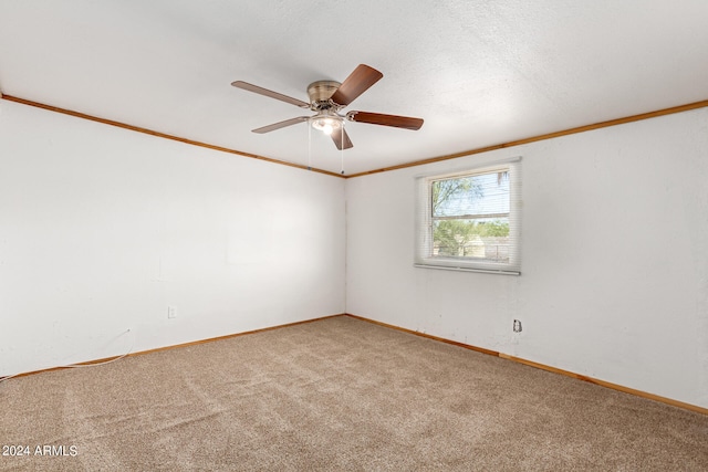 carpeted spare room with ceiling fan and ornamental molding