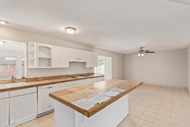 18402 N 17th Ave, Phoenix, AZ 85023 - kitchen with white appliances, a sink, white cabinetry, a ceiling fan, and light tile patterned flooring