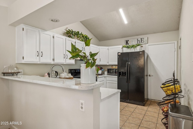 kitchen featuring black refrigerator with ice dispenser, kitchen peninsula, white cabinets, and light tile patterned flooring